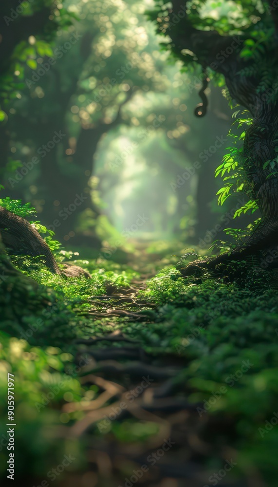 deep forest interior background with excellent light and lush greens