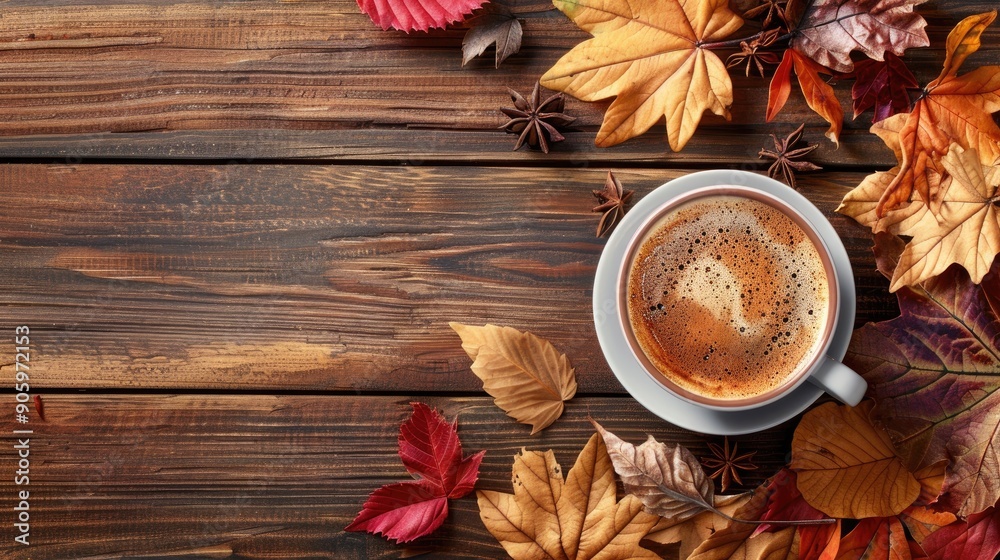 Fototapeta premium Coffee and fall foliage on a wooden backdrop