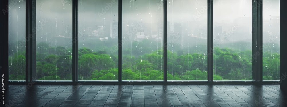 Fototapeta premium Large floor-to-ceiling windows with raindrops, overlooking the blurry green city during the day.