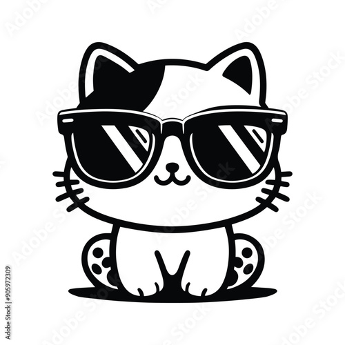 Cute cat cub wearing a sunglass silhouette vector illustration template