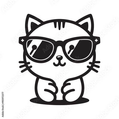 Cute cat cub wearing a sunglass silhouette vector illustration template