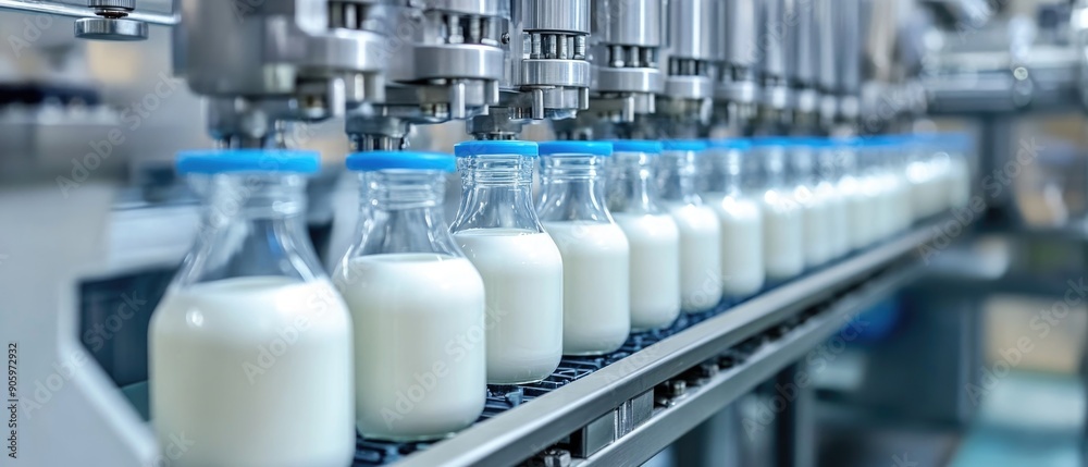 Glass Bottles of Dairy Products on Production Line: Efficient Dairy Plant Manufacturing Process Glass Bottles of Dairy Products on Production Line: Efficient Dairy Plant Manufacturing Process