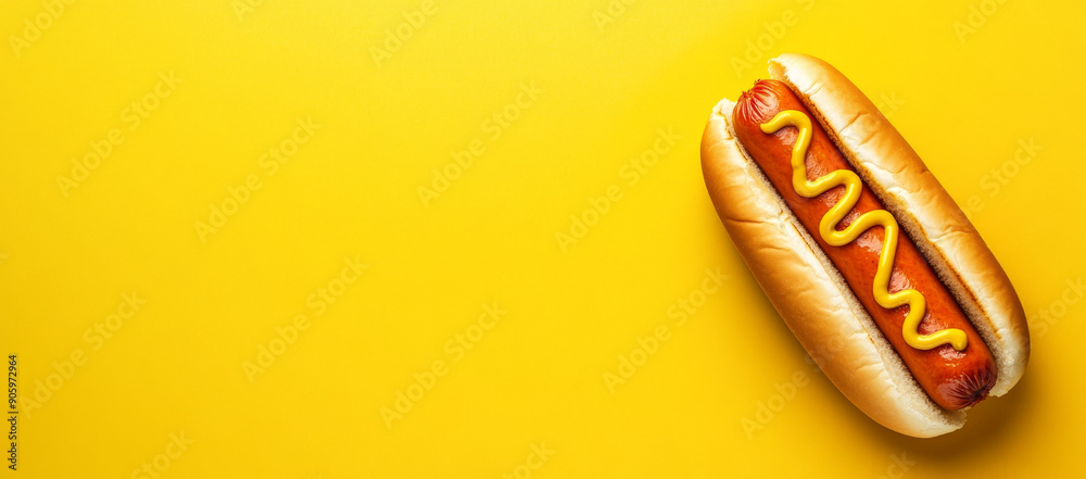 Photo of A hot dog with mustard on an isolated yellow background, flat lay banner for summer festival food concept Photo of A hot dog with mustard on an isolated yellow background, flat lay banner for summer festival food concept