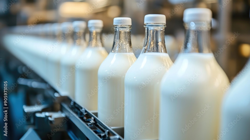 Glass Bottles of Dairy Products on Production Line: Efficient Dairy Plant Manufacturing Process Glass Bottles of Dairy Products on Production Line: Efficient Dairy Plant Manufacturing Process