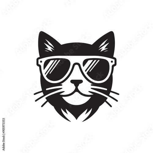 Cat head wearing sunglass silhouette vector illustration template