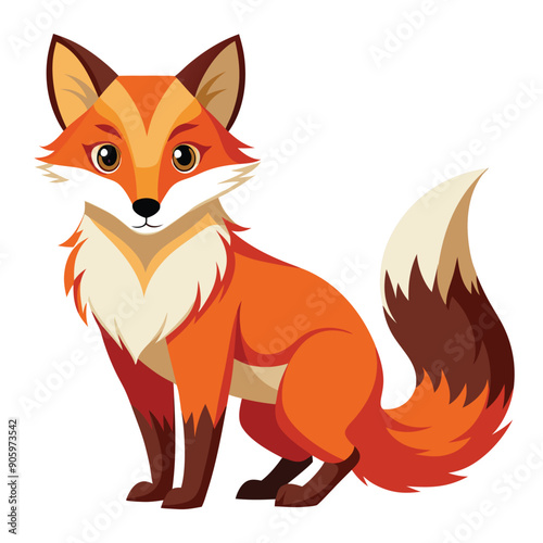 Cartoon Red Fox with Big Bushy Tail Sitting on White Background