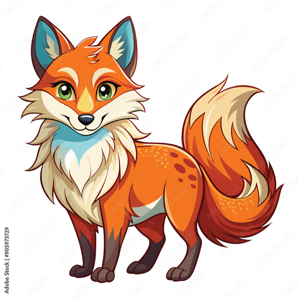 Obraz premium A Cartoon Red Fox with a Fluffy Tail and Blue Ears
