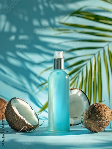 cosmetic bottle coconut byproduct mockup with minimalist luxury aesthetics and light blue scenario background