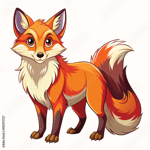 Cartoon red fox with a bushy tail standing on white background