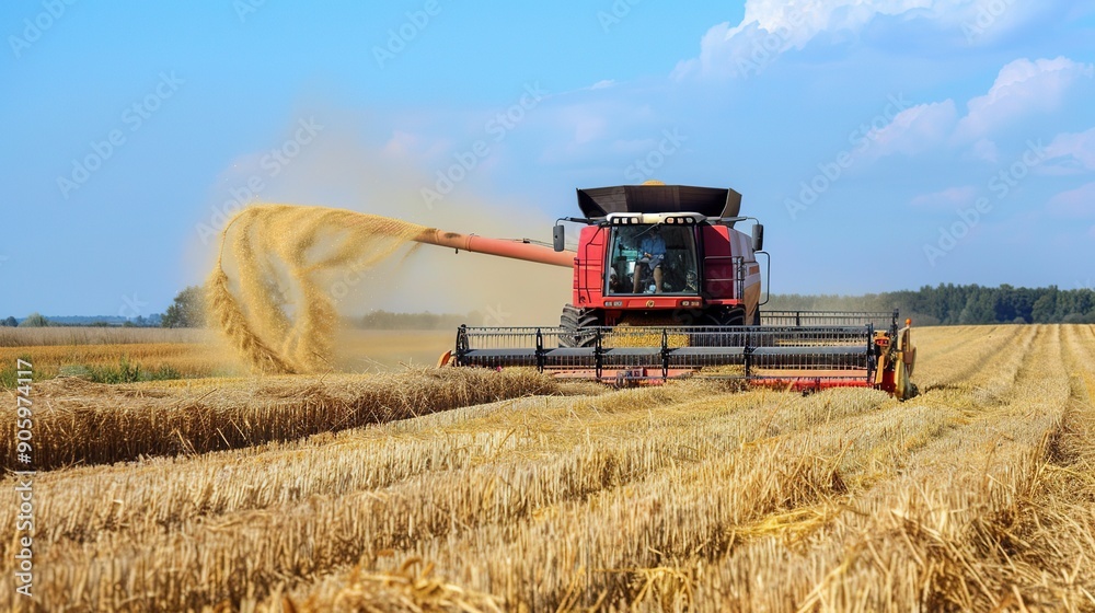 Obraz premium Modern Harvester in Action: High-Tech Agricultural Equipment for Efficient Crop Harvesting