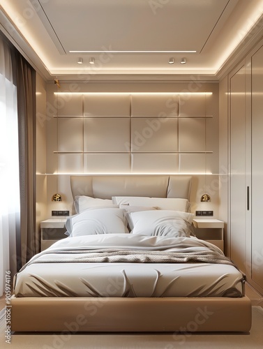 modern bedroom interior design in soft cream colors