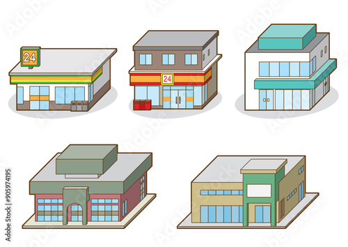 様々な店舗ビルの立体ベクターイラスト.