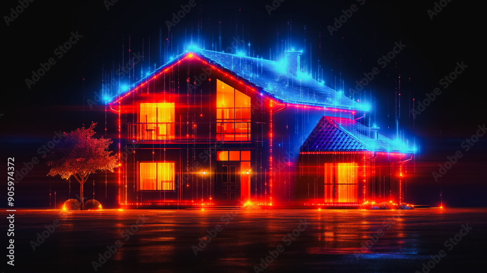 Digital House on Fire: A futuristic vision of a home engulfed in shimmering, digital flames, a mesmerizing and thought-provoking depiction of technology's impact on our living spaces. Digital House on Fire: A futuristic vision of a home engulfed in shimmering, digital flames, a mesmerizing and thought-provoking depiction of technology's impact on our living spaces.