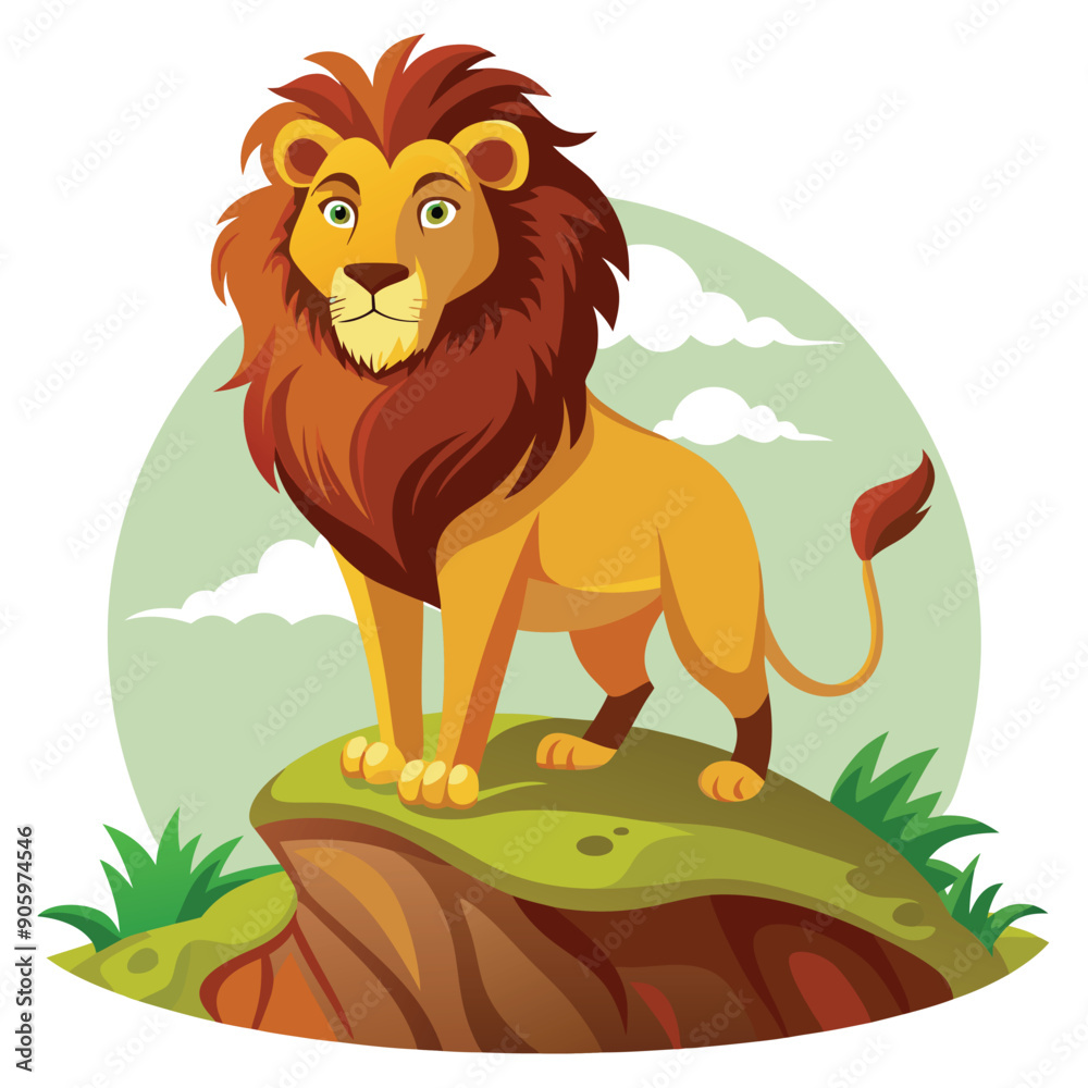 Cartoon Lion Standing on a Cliff in a Green Landscape