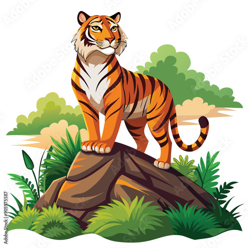 A tiger standing on a rock in a jungle setting