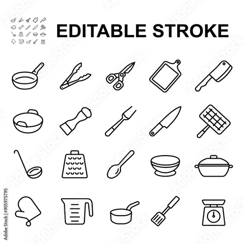 Cooking equipment icon set, Made in thin lines. Contains icons such as frying pan, knife, pan, cutting board and many more.