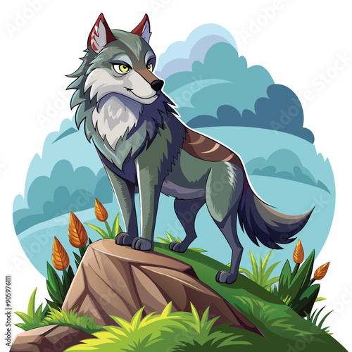 A Gray Wolf Standing on a Rock in a Green Meadow
