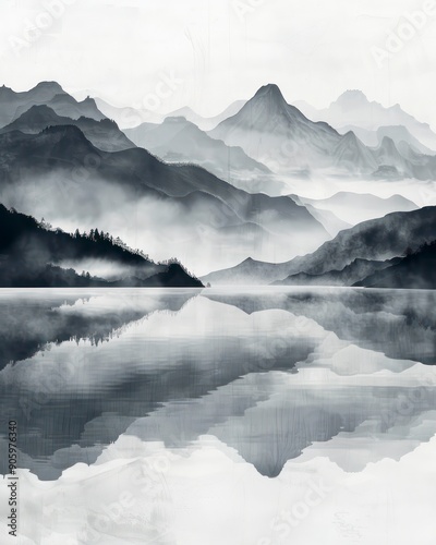 minimal watercolor landscape with a idyllic lake and mountains scenario