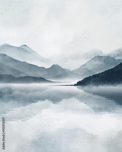 minimal watercolor landscape with a idyllic lake and mountains scenario