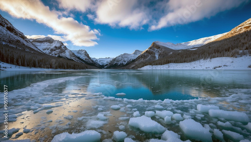 Mountain lakes freeze, leaving their crystal clear waters trapped beneath a thick layer of ice that gleams like diamonds in the sunlight. photo