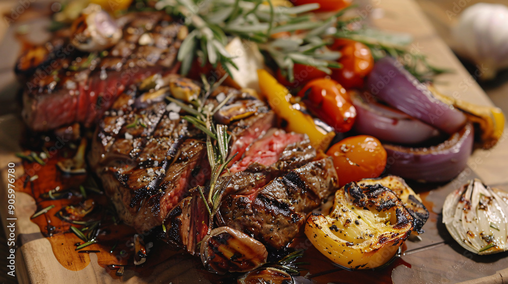Grilled steak with roasted vegetables on a cutting board Grilled steak with roasted vegetables on a cutting board