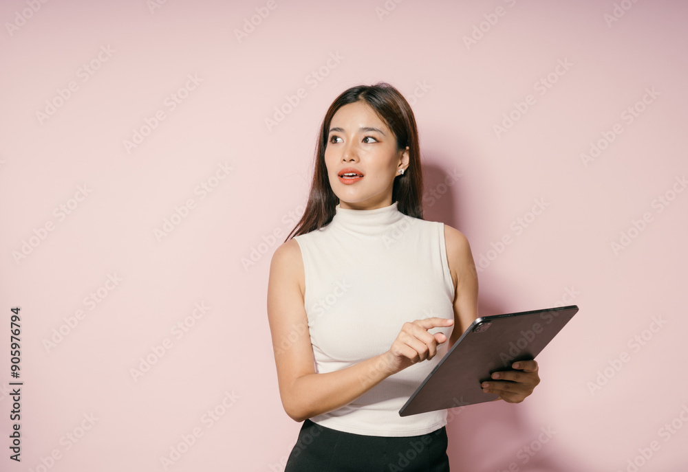 Young Woman Holding Tablet Against Pink Background, Wearing White Sleeveless Top and Black Pants, Looking Thoughtful Young Woman Holding Tablet Against Pink Background, Wearing White Sleeveless Top and Black Pants, Looking Thoughtful