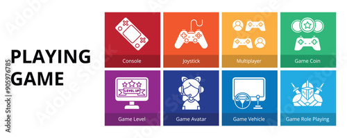 Playing Game Glyph Solid Banner Web Icon Set Vector Illustration, Console Joystick Multiplayer Game Coin Game Level  Avatar Vehicle Role Playing