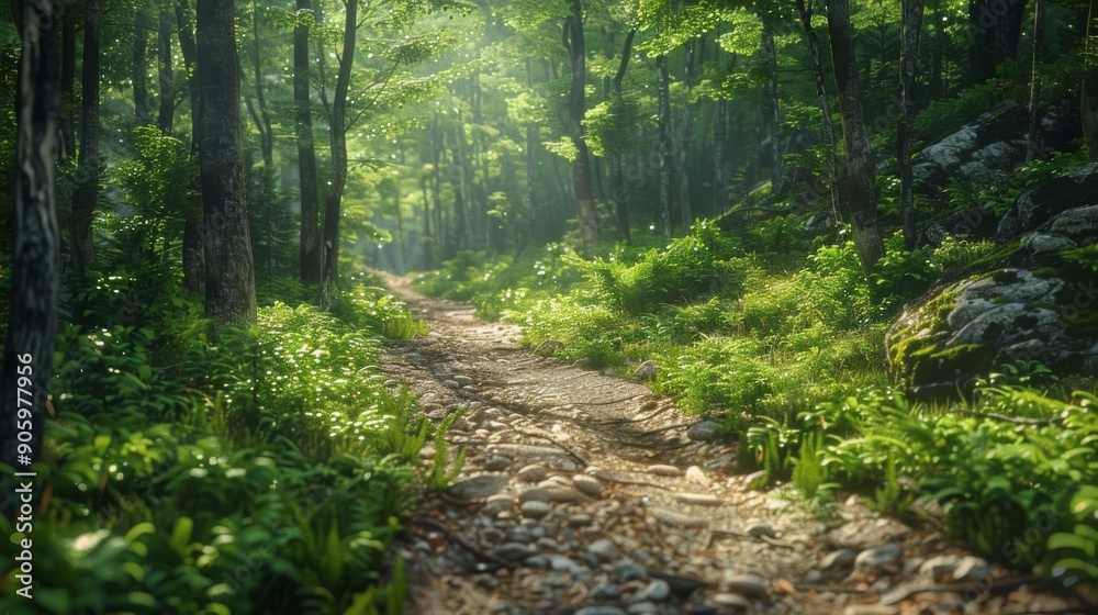 Obraz premium 3D mountain biking trail through a lush summer forest