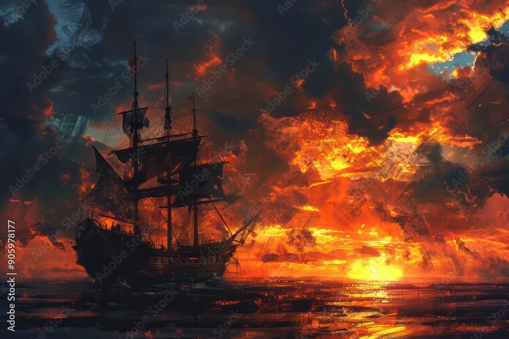 Obraz premium pirate ship illustration wallpaper