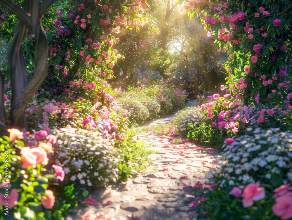 Relaxing 3D garden with a sunlit path and blooming flowers Relaxing 3D garden with a sunlit path and blooming flowers