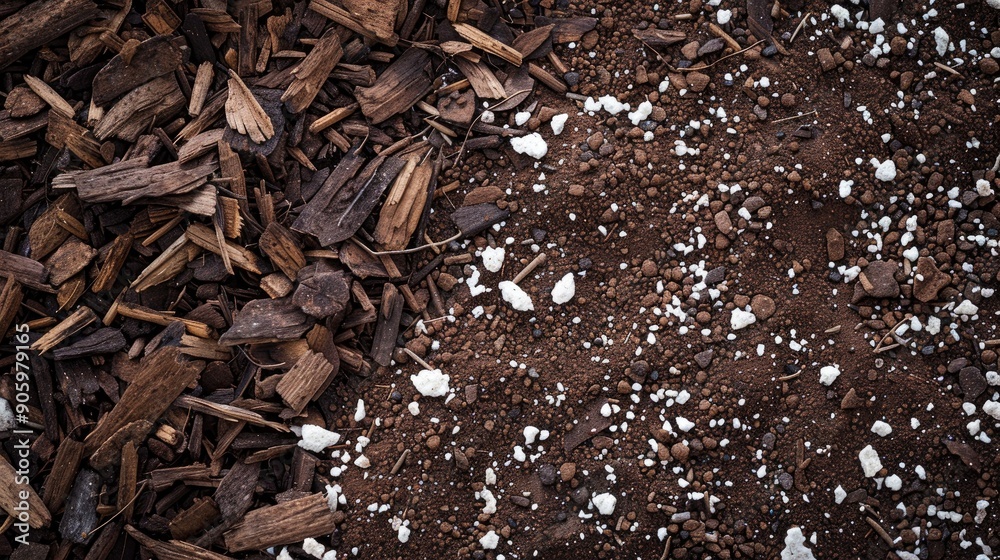 Wood chips and white rocks scattered on dark brown soil Wood chips and white rocks scattered on dark brown soil