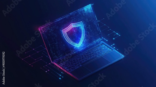 Digital Illustration of Laptop with Shield Lock: Cybersecurity and Data Protection Concept