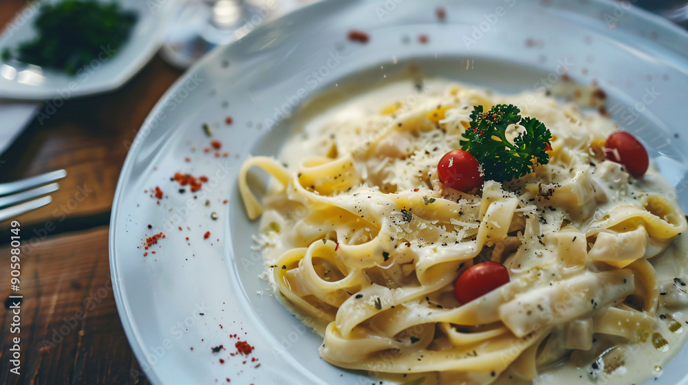 Plate of delicious pasta with a creamy Alfredo sauce Plate of delicious pasta with a creamy Alfredo sauce
