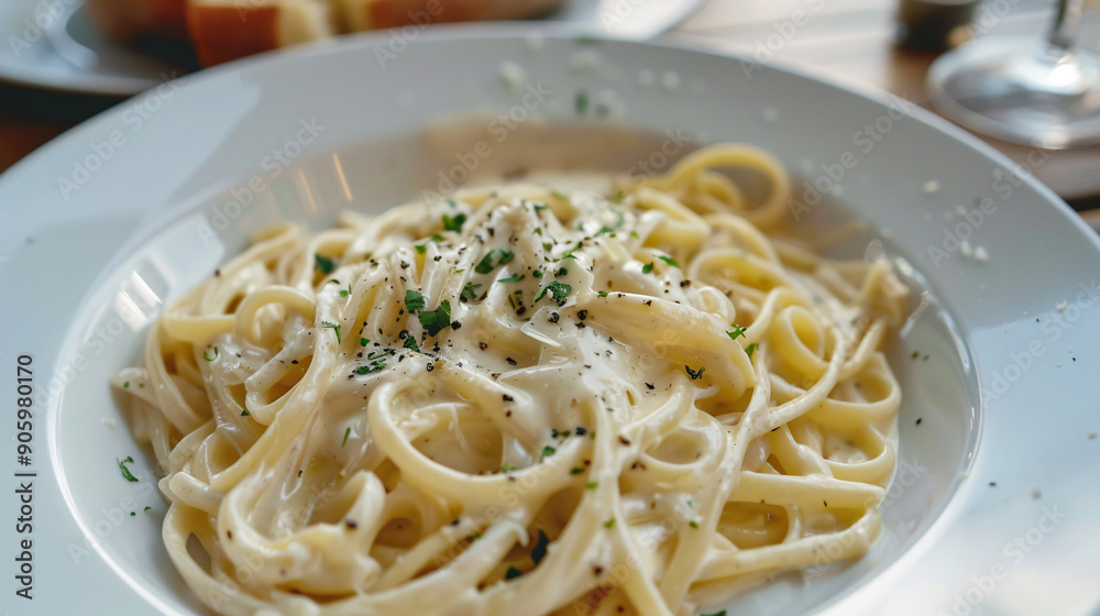 Plate of delicious pasta with a creamy Alfredo sauce Plate of delicious pasta with a creamy Alfredo sauce