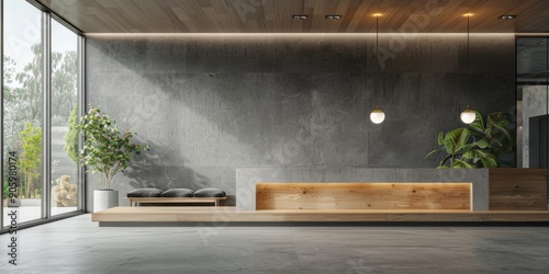 Modern Lobby with a Wooden Reception Desk, Minimalist Design, Grey Stone Walls, and Large Windows, Exuding a Businesslike Ambiance in 3D Rendering photo