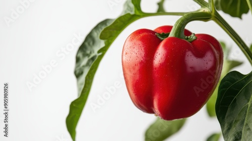 A fresh, red bell pepper with a shiny surface and a perfect stem, isolated on white background