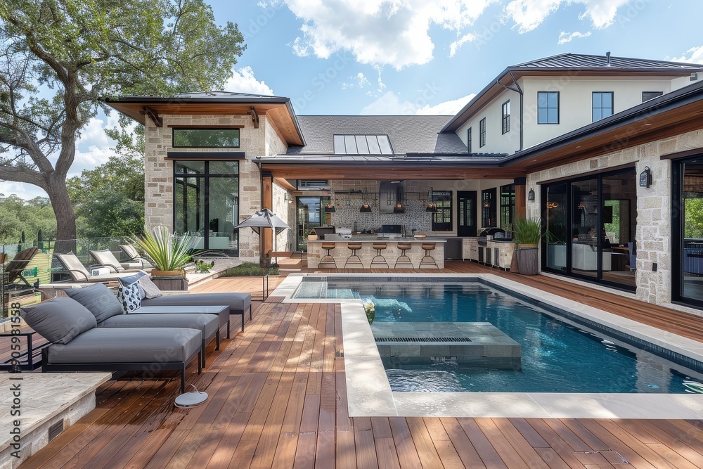 Fototapeta premium Wooden deck with built-in seating and an outdoor kitchen, leading to the pool area, featuring natural stone dressers for swim equipment