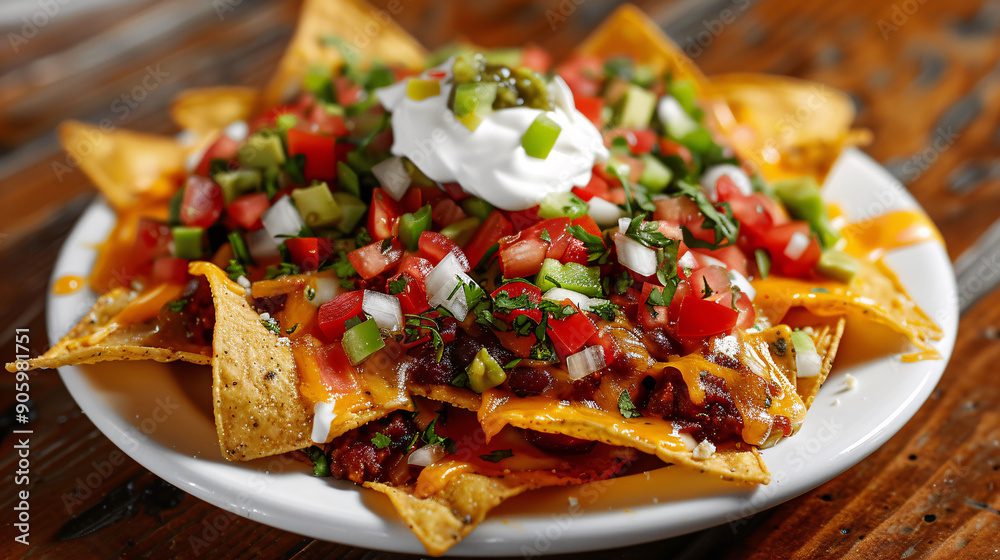 Plate of nachos with cheese, salsa, and sour cream Plate of nachos with cheese, salsa, and sour cream