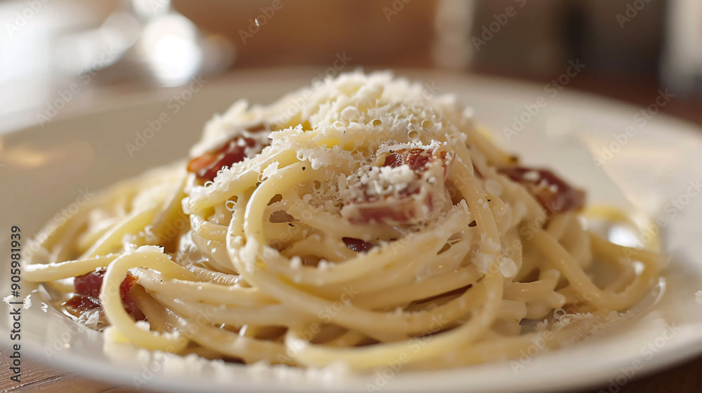Plate of spaghetti carbonara with parmesan Plate of spaghetti carbonara with parmesan
