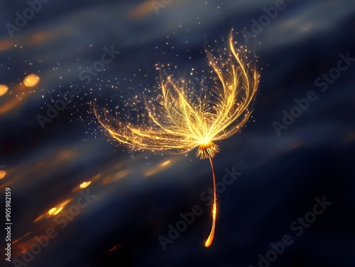 A beautiful gold dandelion seed against a black background. The dandelion's seeds are gently floating away, symbolizing the freedom. Generative AI photo