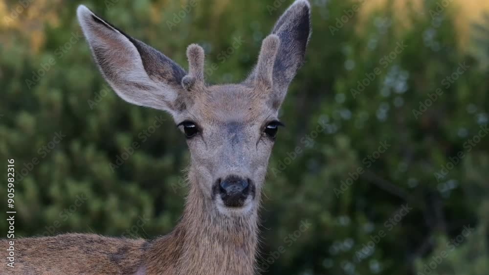 A mule deer buck with small velvet antlers shifts his ears and stares into the camera A mule deer buck with small velvet antlers shifts his ears and stares into the camera