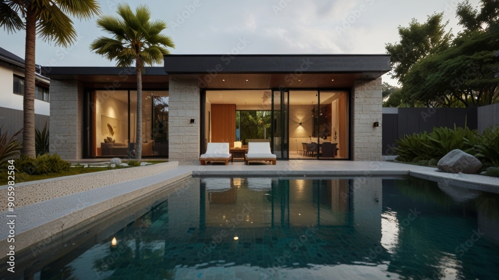 Obraz premium a futuristic modern house of contemporary design with large windows, elegant exterior lighting, and multiple levels offering a spacious layout. The property is fully fenced with an elegant gate