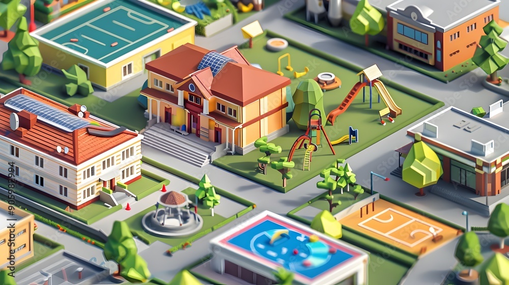 Isometric of a Modern School Campus with Classrooms Playground and ...