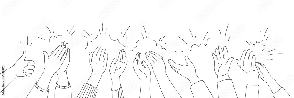 Applause hands set in doodle style. Human hands sketch, scribble arms raised clapping on a white background, featuring various hand positions and a thumb-up gesture silhouette, vector illustration. Applause hands set in doodle style. Human hands sketch, scribble arms raised clapping on a white background, featuring various hand positions and a thumb-up gesture silhouette, vector illustration.