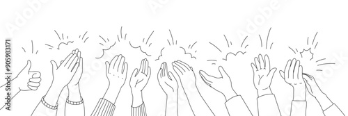 Applause hands set in doodle style. Human hands sketch, scribble arms raised clapping on a white background, featuring various hand positions and a thumb-up gesture silhouette, vector illustration.