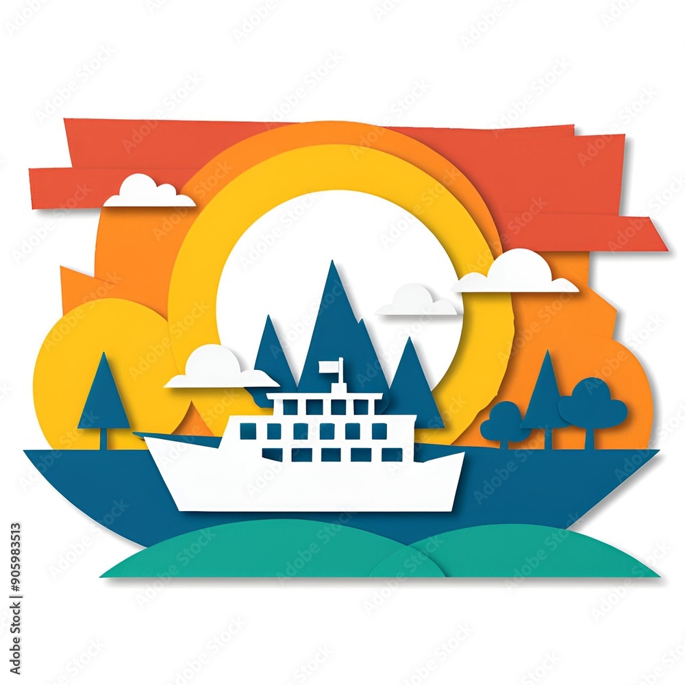 Cruise ship and sunset style papercut ,Generative ai Cruise ship and sunset style papercut ,Generative ai