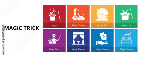 Magic Trick Glyph Solid Banner Web Icon Set Vector Illustration, Magic Potion Crystal Ball Hat Trick Theater Illusion Sawing