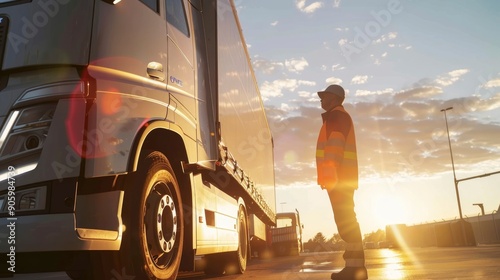 A truck driver stands in front of a large semi-trailer truck, bathed in the golden glow of the setting sun.