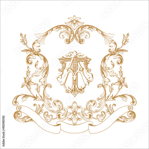Premium Gold vintage baroque frame scroll ornament engraving crest floral retro pattern antique style acanthus foliage swirl decorative design element filigree calligraphy