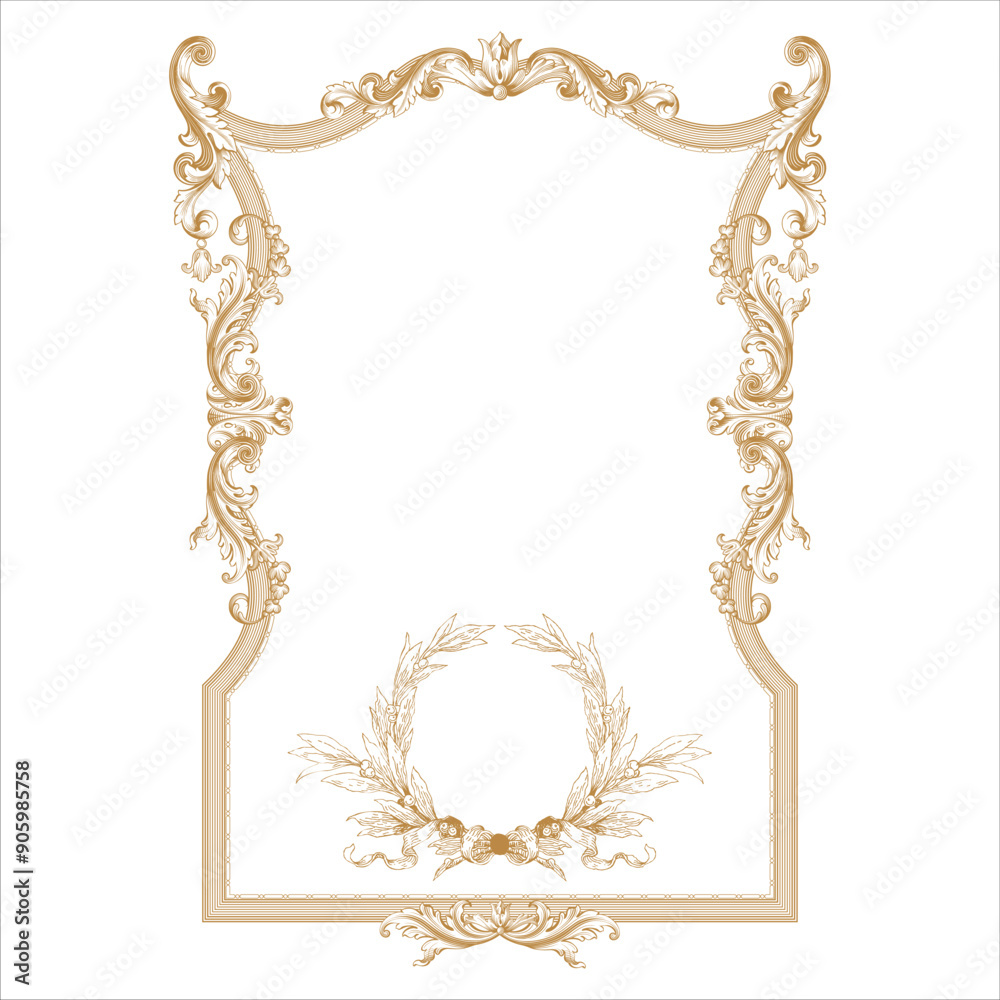 AntiPremium Gold vintage baroque frame scroll ornament engraving border floral retro pattern antique style acanthus foliage swirl decorative design element